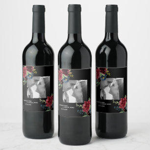 Blush Burgundy Photo Floral Elegant Watercolor Squ Wine Label