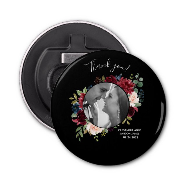 Blush Burgundy Photo Floral Elegant Wedding Bottle Opener (Front)
