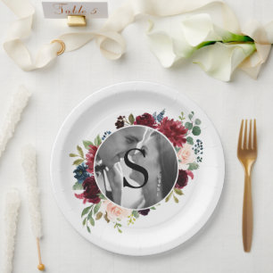 Blush Burgundy Photo Monogram Floral Wedding Paper Plate