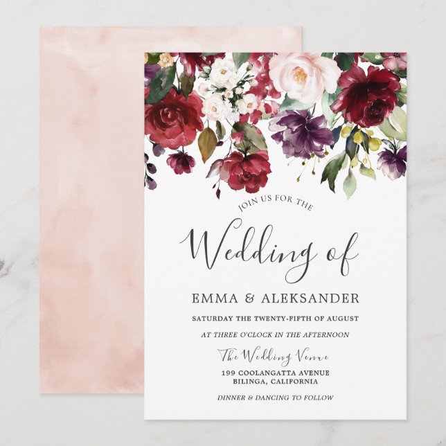Blush Burgundy Purple Watercolor Floral Wedding Invitation (Front/Back)