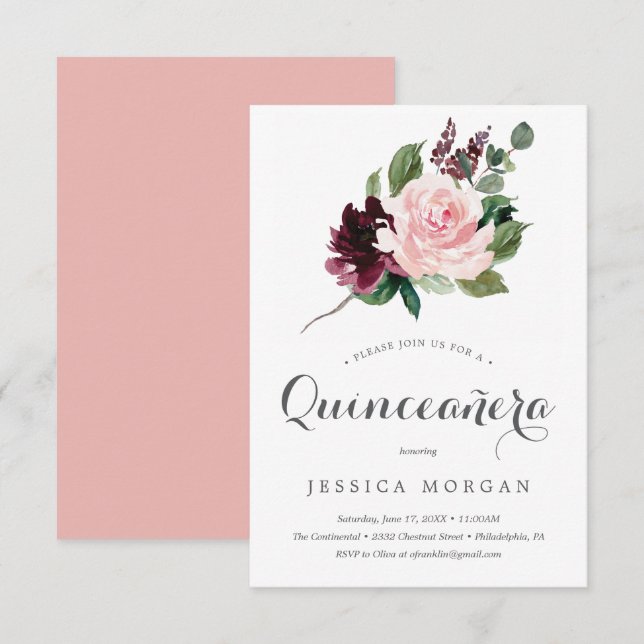Blush Burgundy Quinceanera Invitation Card (Front/Back)