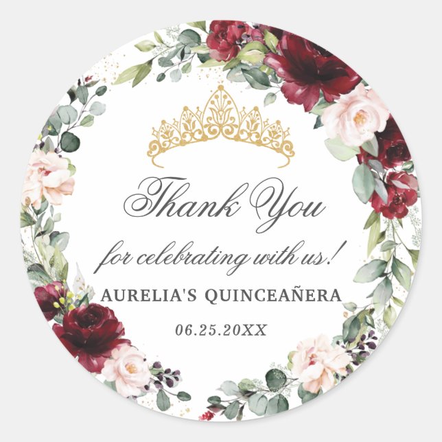Blush Burgundy Quinceañera Thank You Favour  Classic Round Sticker (Front)
