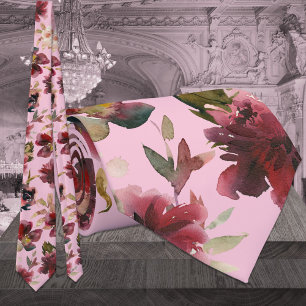 Blush & Burgundy Raspberry Pink Peony Wedding Tie