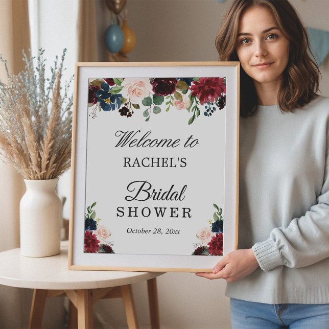 Blush Burgundy Red Blue Floral Bridal Shower Sign (Creator Uploaded)