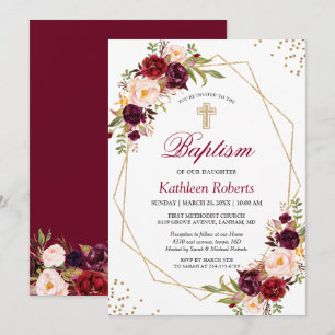 Blush Burgundy Red Floral Baptism Christening Invitation