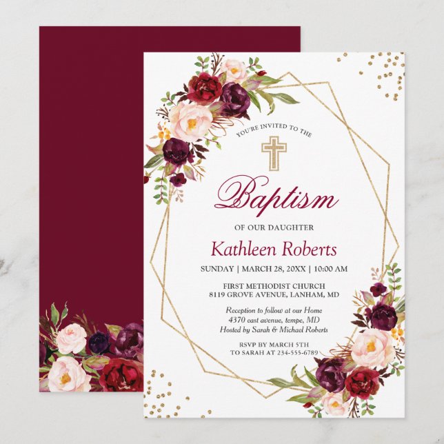 Blush Burgundy Red Floral Baptism Christening Invitation (Front/Back)