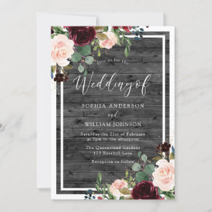Blush & Burgundy Red Flowers Charcoal Wood Wedding Invitation