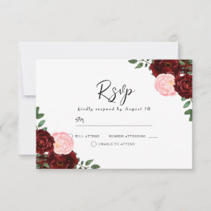 Blush & Burgundy Red Flowers Gorgeous Wedding RSVP Card