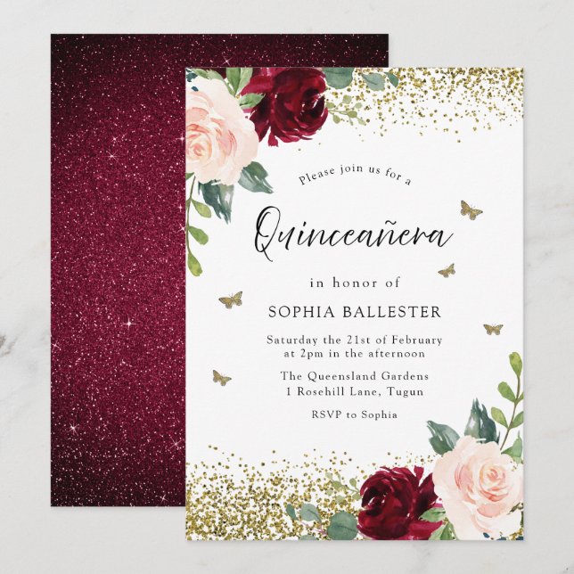 Blush & Burgundy Red Flowers Quinceanera Party Invitation (Front/Back)