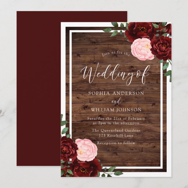 Blush & Burgundy Red Roses Rustic Wood Wedding Invitation (Front/Back)