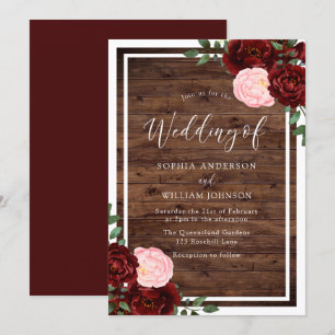 Blush & Burgundy Red Roses Rustic Wood Wedding Invitation
