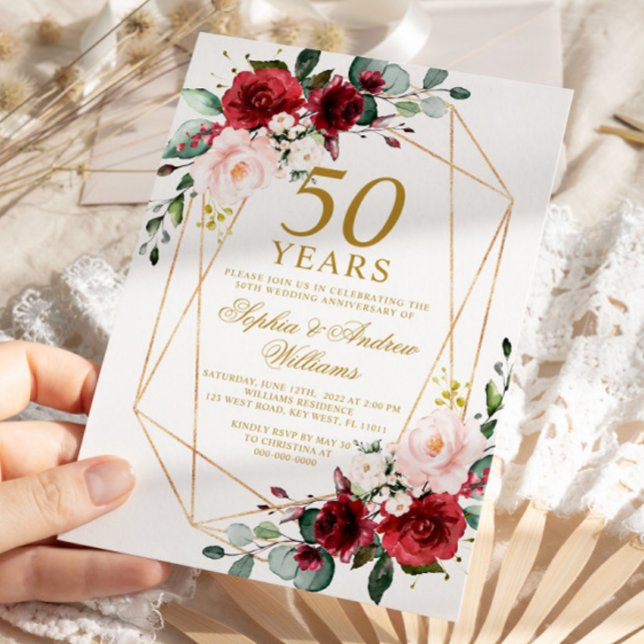Blush & Burgundy Rose 50th Wedding Anniversary Invitation (Creator Uploaded)