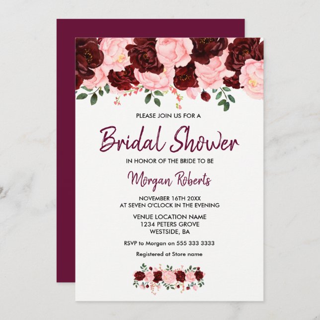 Blush Burgundy Rose Bridal Shower Script Invite (Front/Back)