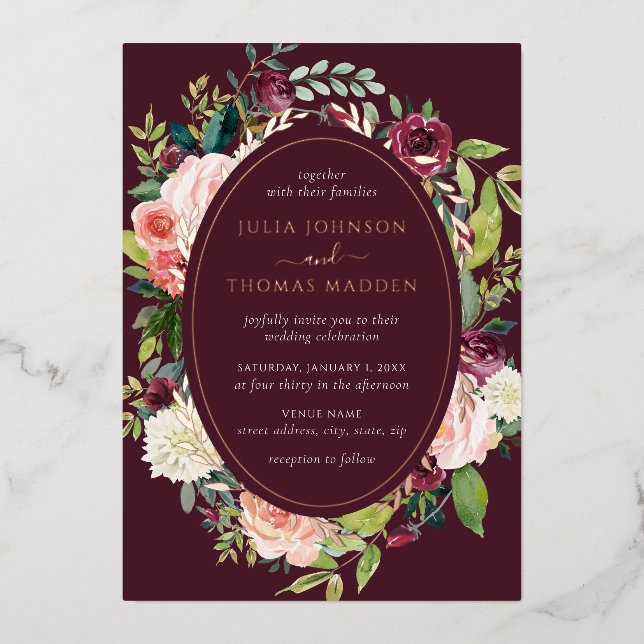 Blush Burgundy Rose Gold Floral Foliage Wedding (Front)
