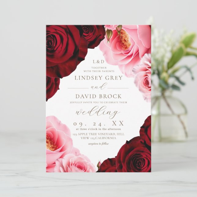 Blush Burgundy  Roses Florals Wedding  Invitation (Standing Front)
