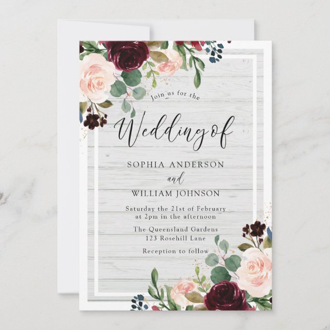 Blush & Burgundy Rustic White Wood Floral Wedding Invitation (Front)