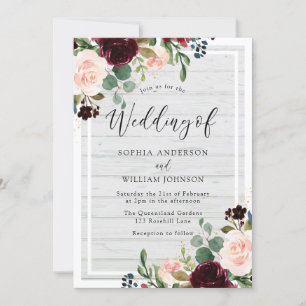 Blush & Burgundy Rustic White Wood Floral Wedding Invitation