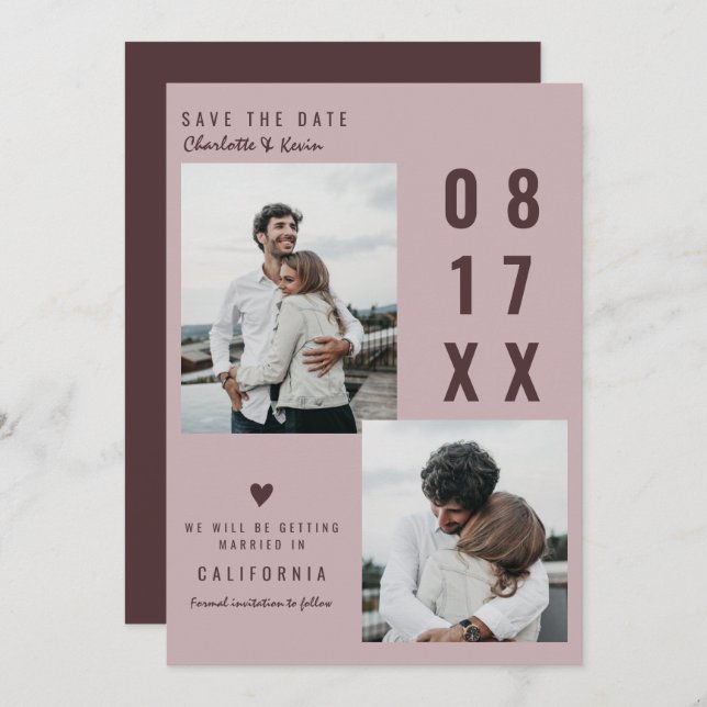 Blush burgundy save the date wedding 2 photos (Front/Back)