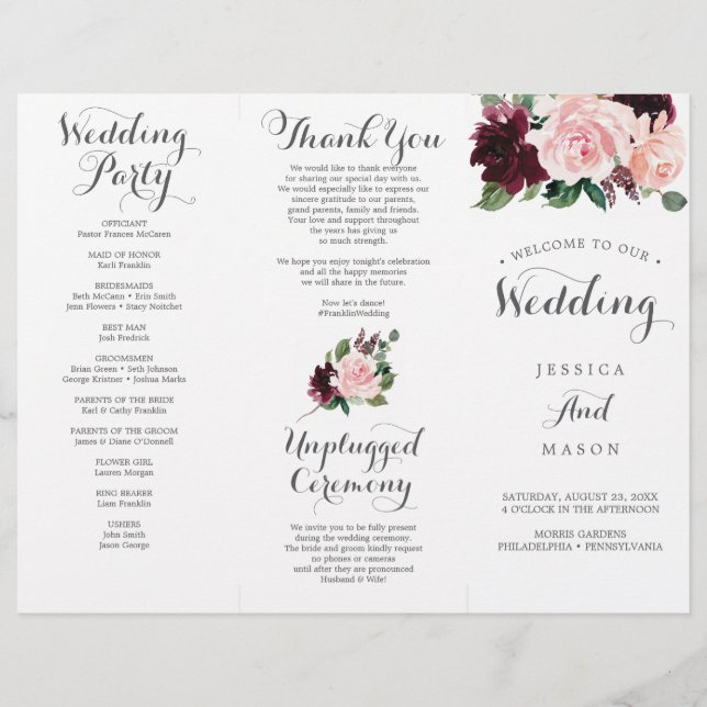 Blush Burgundy Tri-Fold Wedding Program with Menu (Front)
