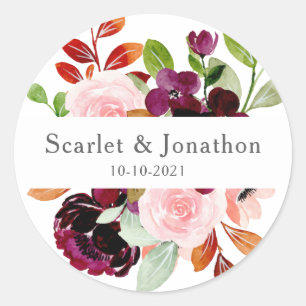 Blush Burgundy Watercolor Autumn Floral Wedding Classic Round Sticker