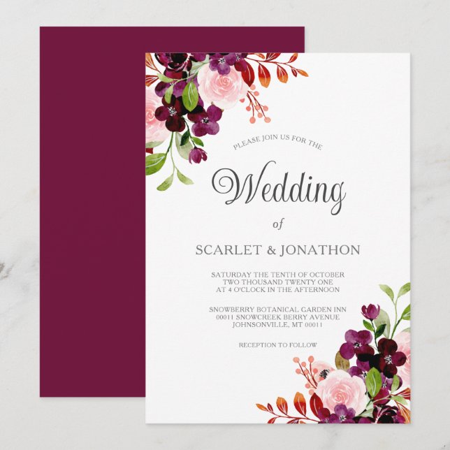Blush Burgundy Watercolor Autumn Floral Wedding Invitation (Front/Back)