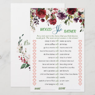 Blush Burgundy Watercolor Bloom Bridal Shower Game