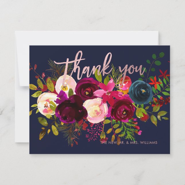 Blush+Burgundy Watercolor Bouquet Thank You Cards (Front)