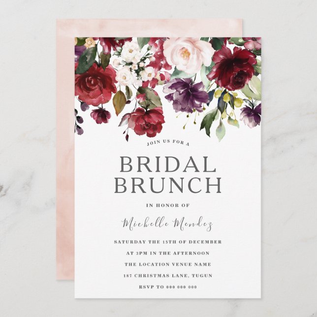 Blush Burgundy Watercolor Bridal Shower Brunch Invitation (Front/Back)