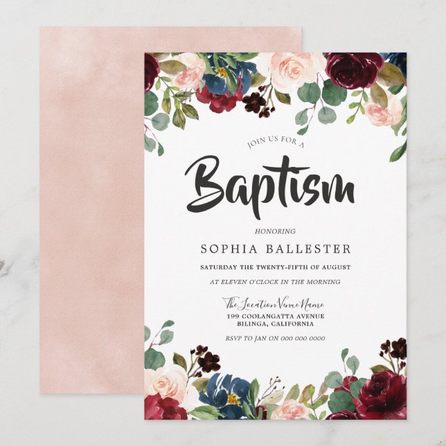 Blush & Burgundy Watercolor Floral Baptism Invitation (Front/Back)