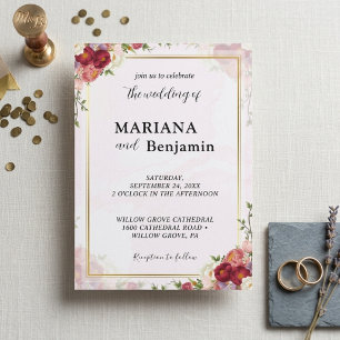 Blush Burgundy Watercolor Floral Gold Wedding Invitation