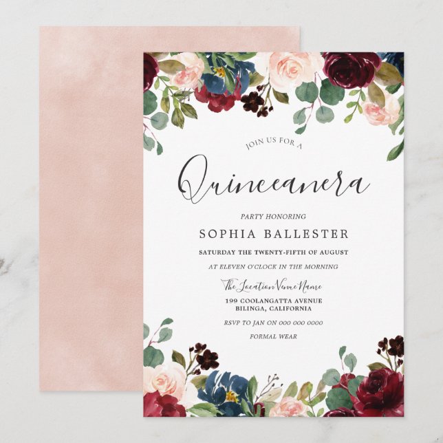 Blush & Burgundy Watercolor Floral Quinceanera Invitation (Front/Back)