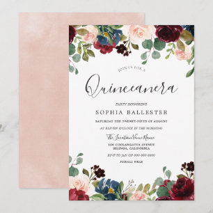 Blush & Burgundy Watercolor Floral Quinceanera Invitation