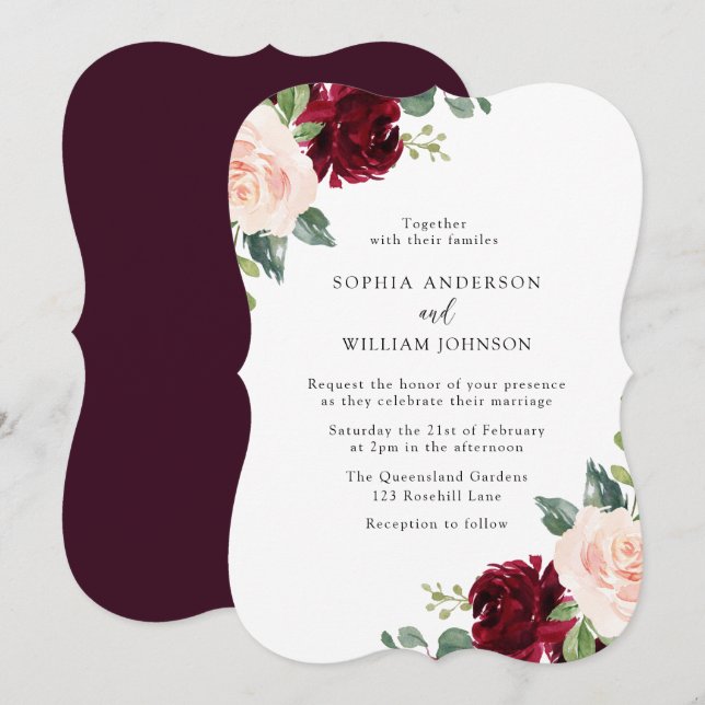 Blush & Burgundy Watercolor Floral Wedding Invitation (Front/Back)