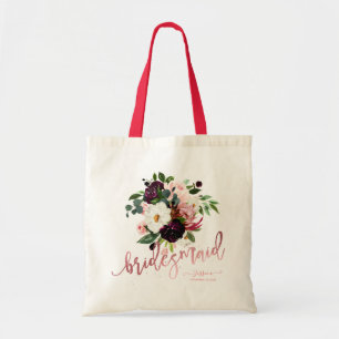 Blush Burgundy Watercolor Flowers Bridesmaid Gift Tote Bag