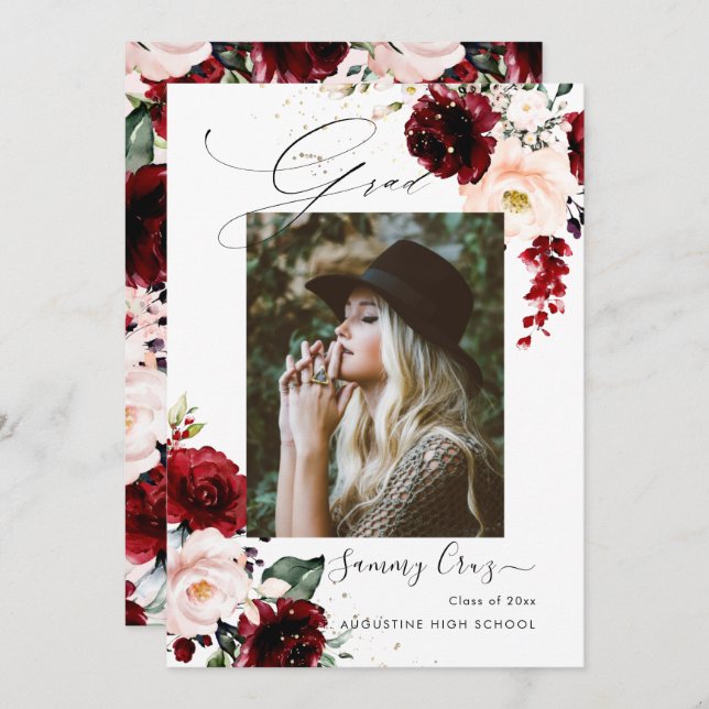 Blush Burgundy Watercolor Flowers  Graduation Announcement (Front/Back)