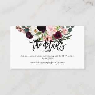 Blush+Burgundy Watercolor Flowers Wedding Details Business Card