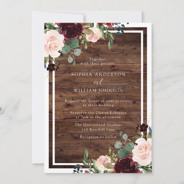 Blush & Burgundy Watercolor Rustic Wood Wedding Invitation (Front)