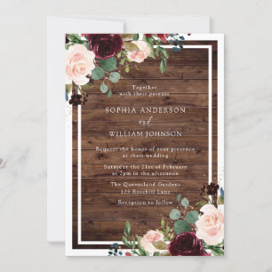 Blush & Burgundy Watercolor Rustic Wood Wedding Invitation