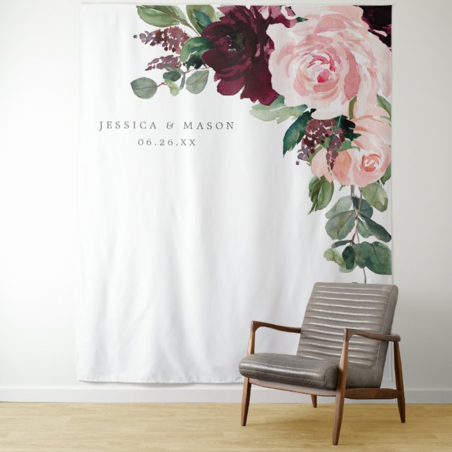 Blush Burgundy Wedding Backdrop Photo Booth Tapestry (In Situ)