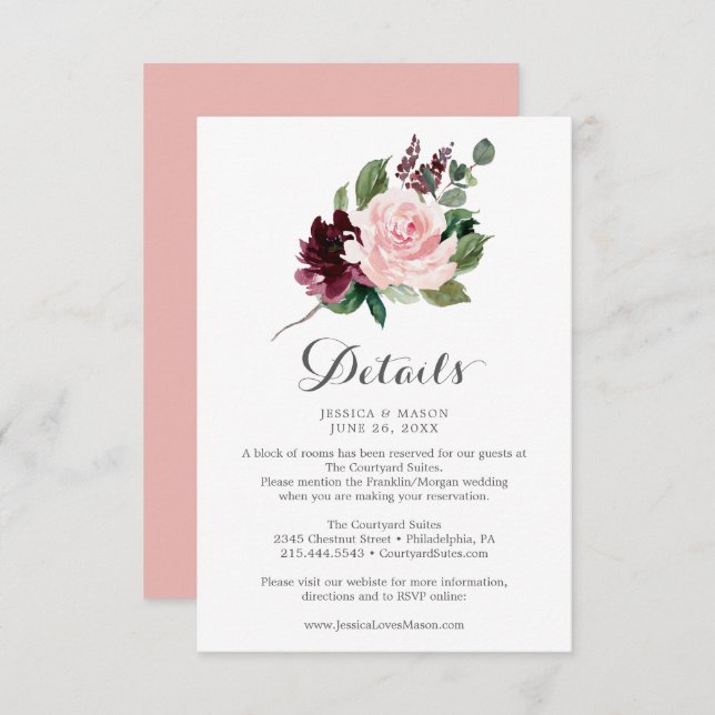 Blush Burgundy Wedding Details Card (Front/Back)