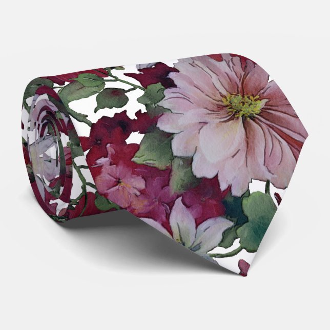 Blush Burgundy White Floral Wedding Tie (Rolled)