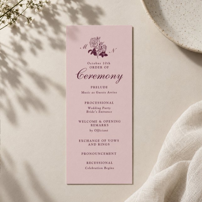 Blush Burgundy Wine Monogram Wedding Program Invitation (Creator Uploaded)
