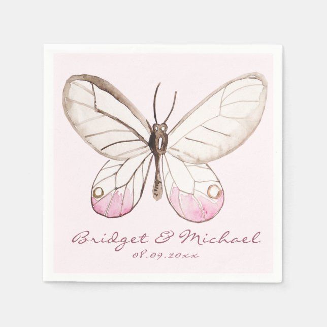 Blush Butterfly Personalised Wedding Paper Napkins (Front)