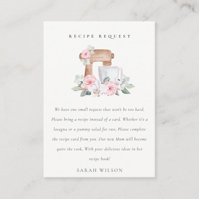 Blush Cake Mixer Floral Recipe Request Baby Shower Enclosure Card (Front)
