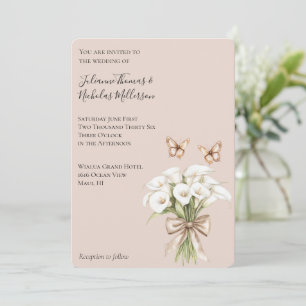 Blush Calla Lily Floral Butterflies Bow Wedding Invitation