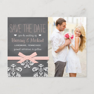 Blush Chalkboard Lace Bow Save the Date Postcard