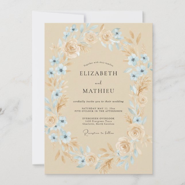 Blush Champagne Azure Wreath Wedding Invitation (Front)
