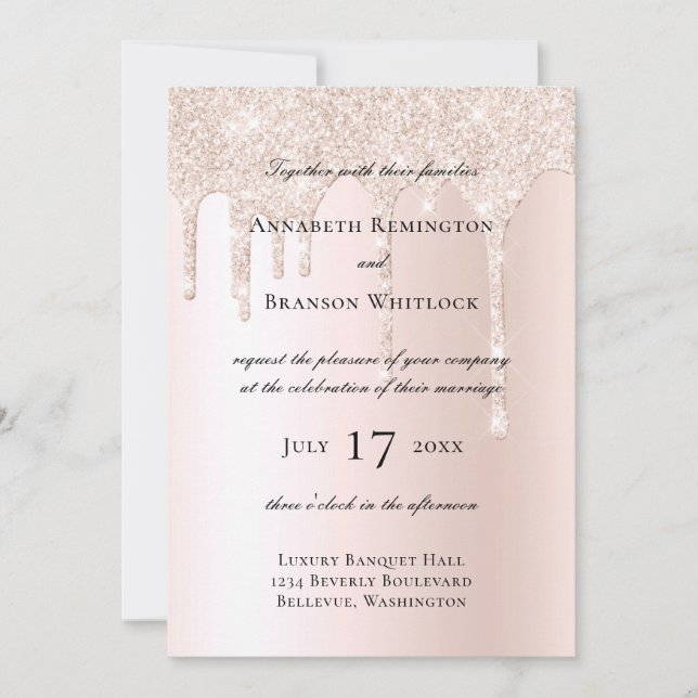 Blush Champagne Glitter Drips Elegant Wedding Invitation (Front)