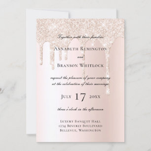 Blush Champagne Glitter Drips Elegant Wedding Invitation