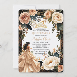 Blush Champagne Ivory Floral Princess Quinceanera  Invitation